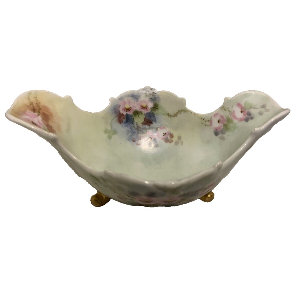 Porcelain Bowl Centerpiece Hand painted gold feet unique oval shape Vtg Flowers